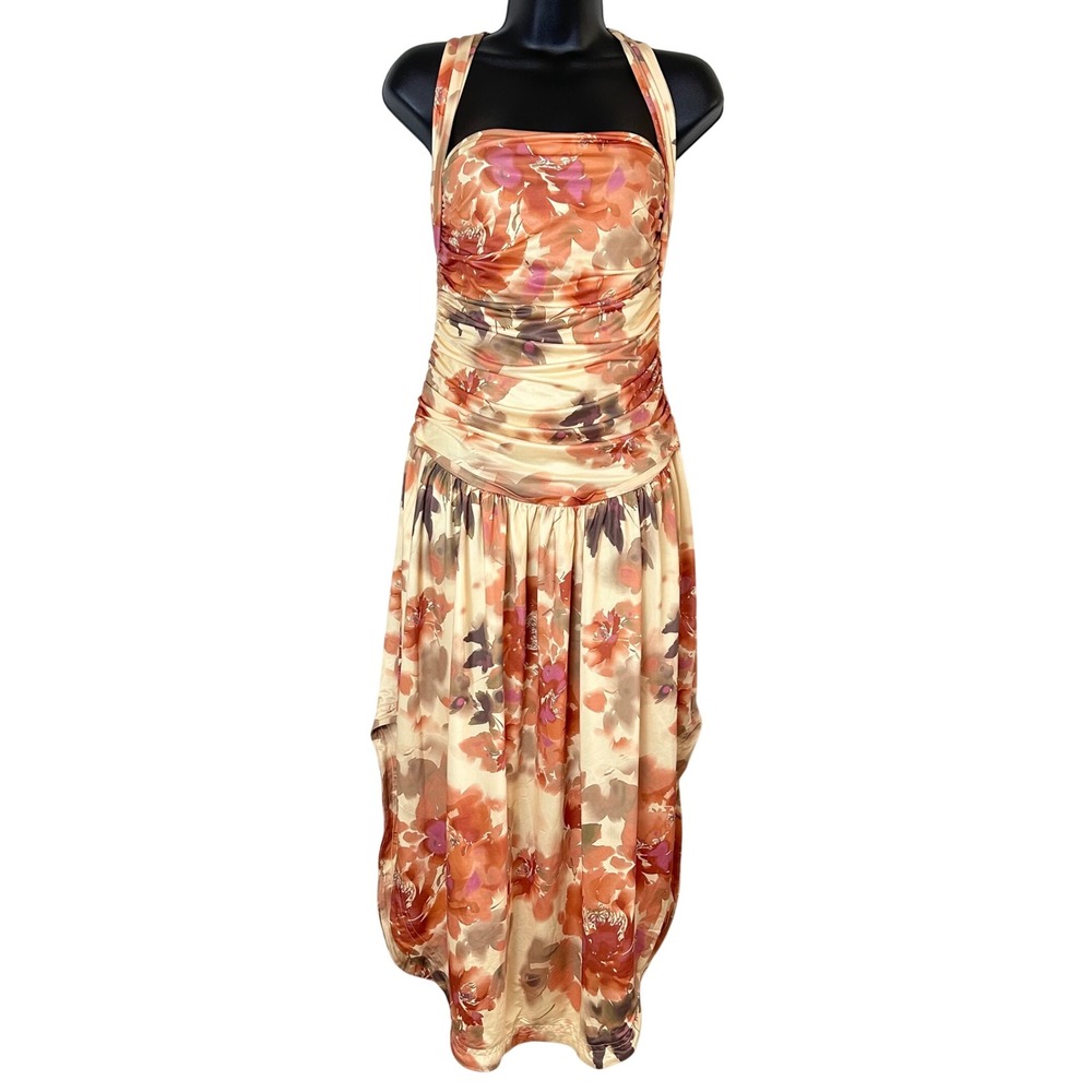 Free People Halter Ruched Floral Midi Dress Orange Purple Small